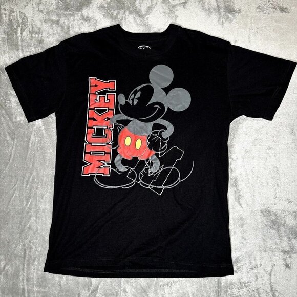 Disney Mickey Mouse Graphic T-Shirt Unisex Large Black Spell Out Red - Picture 1 of 6